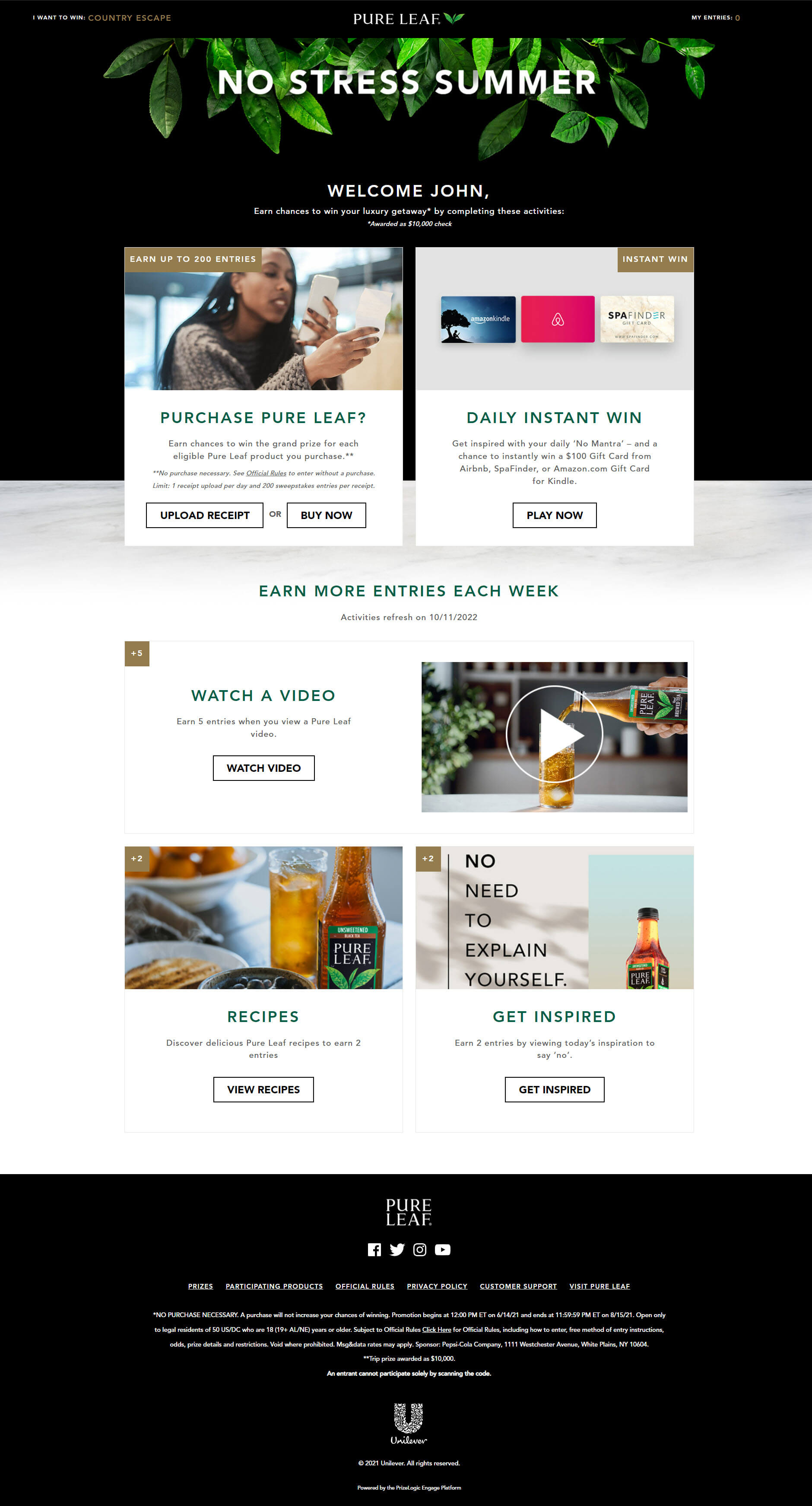 Screenshot of the dashboard page displays activities that a user can explore to win extra entries.
