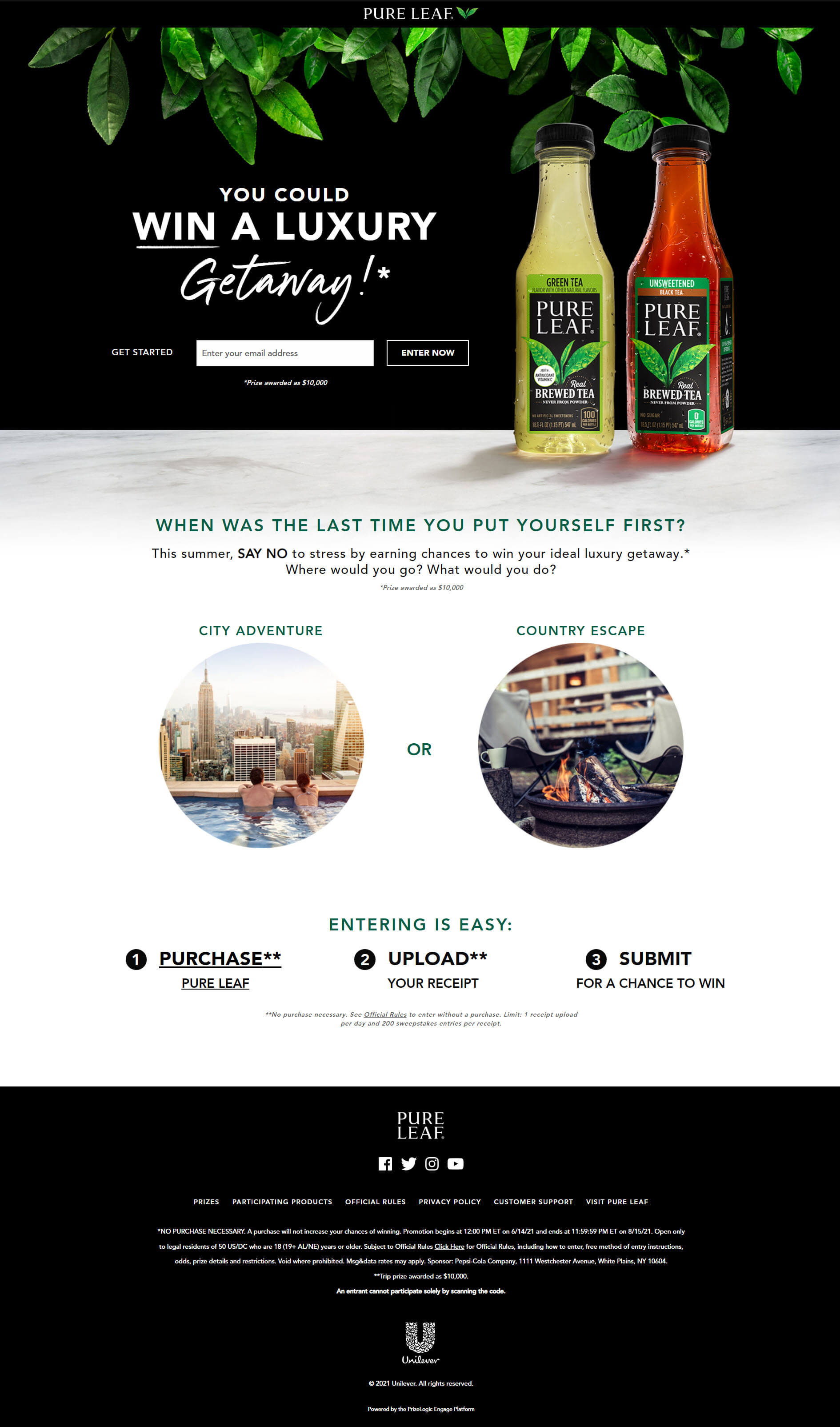 Screenshot of the landing page displays Pure-Leaf merchandise and a input where users can register.