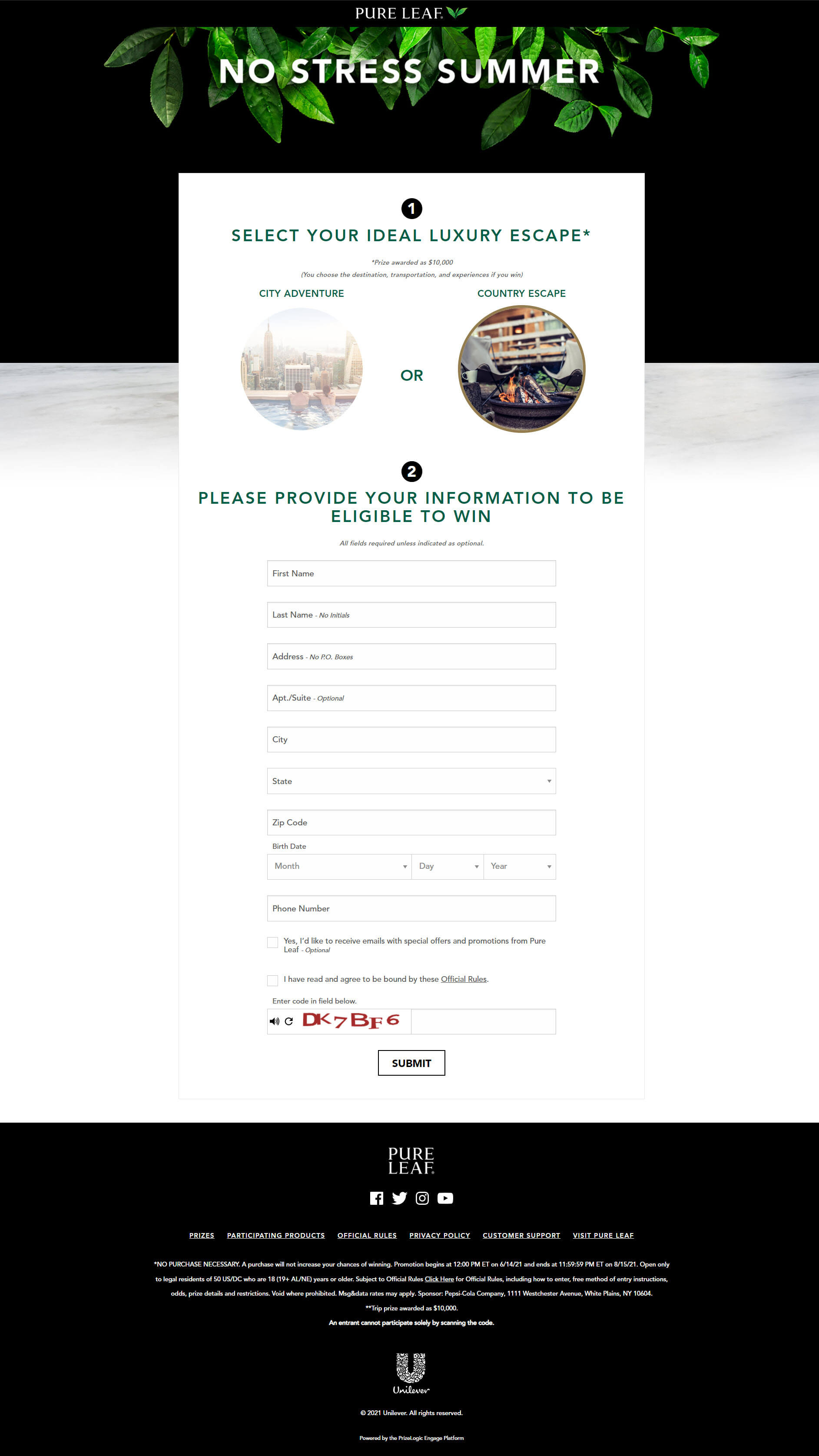 Screenshot of the register page displays a form where users can pick their prize and register for a chance to win.