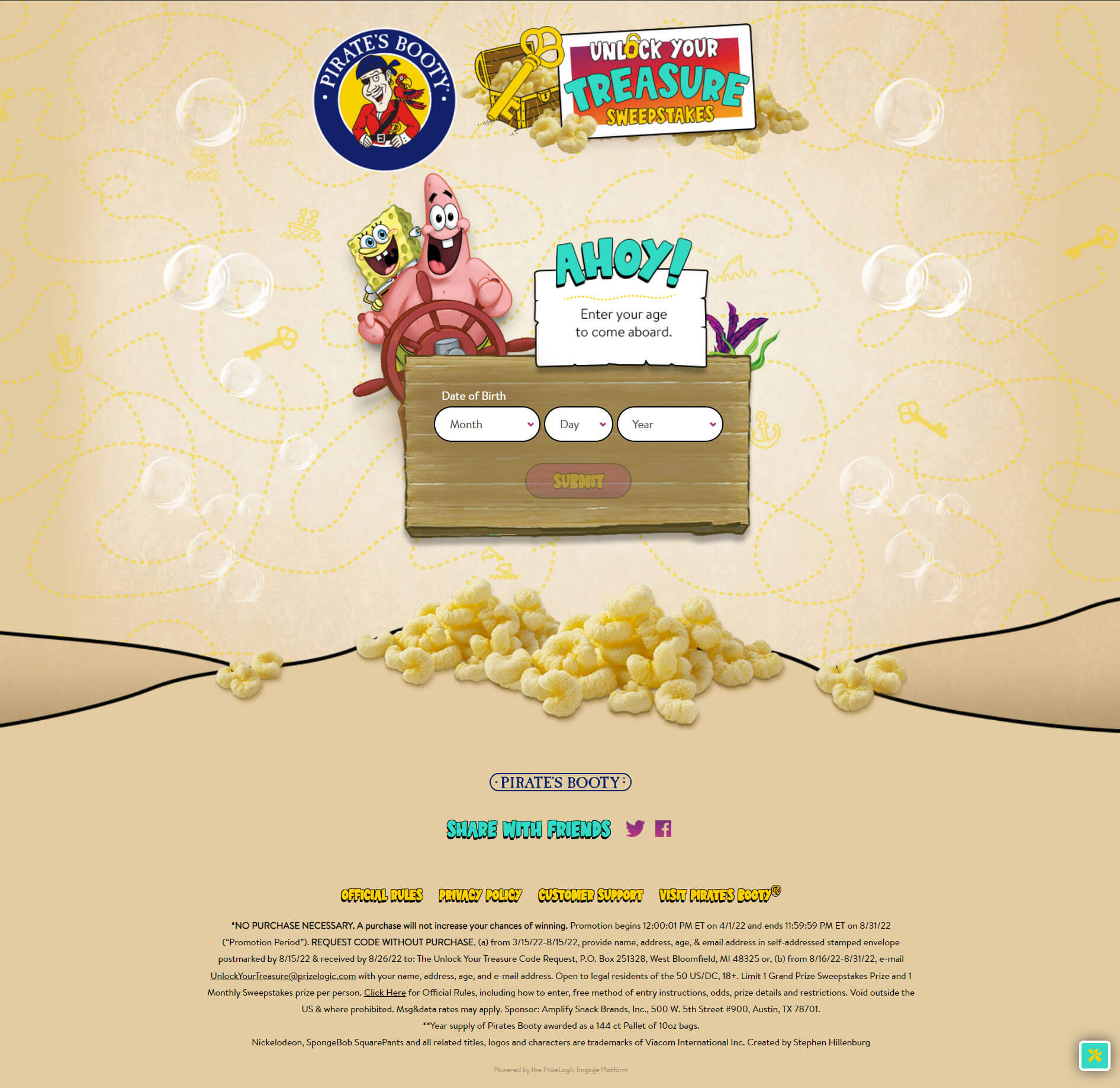 Screenshot of the age gate page full of graphics from the Spongebob Cartoon. Three dropdowns allow users to input date of birth.