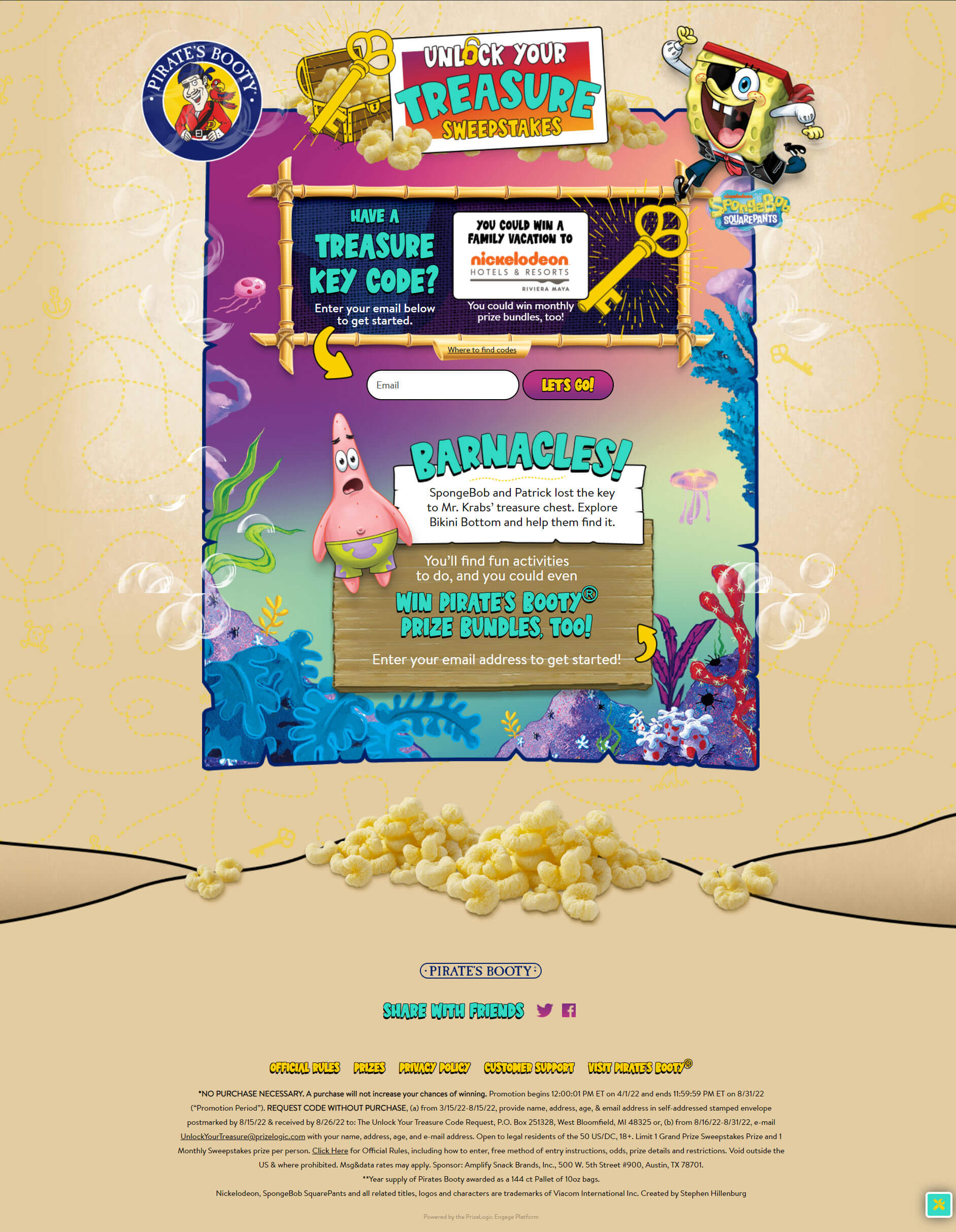 Screenshot of the landing page with bubbles and other under the sea Spongebob graphics. One input field allows the user to enter their email address.